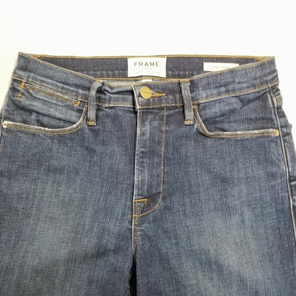 Frame Meribel Women's Le High Straight Leg Snap Buttons Hem Dark Wash Jeans, 27 - Picture 6 of 13